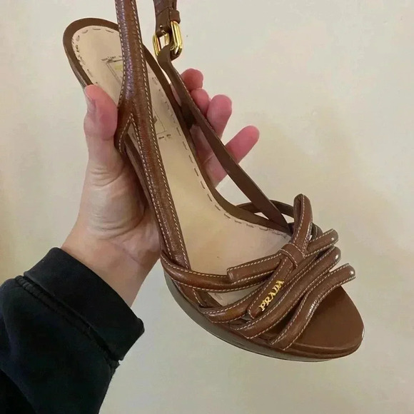 PRADA BROWN LEATHER BOW SLINGBACK VINTAGE RARE STRAPPY HEELS - Picture 7 of 9